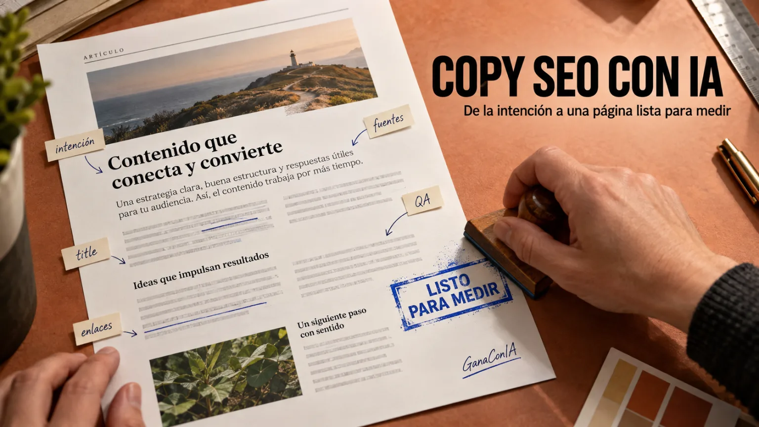 Copy SEO con IA representado como una página revisada y lista para medir
