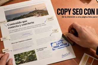 Copy SEO con IA representado como una página revisada y lista para medir