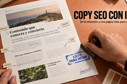 Copy SEO con IA representado como una página revisada y lista para medir