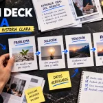 Manos organizando un pitch deck con IA a partir de datos verificados