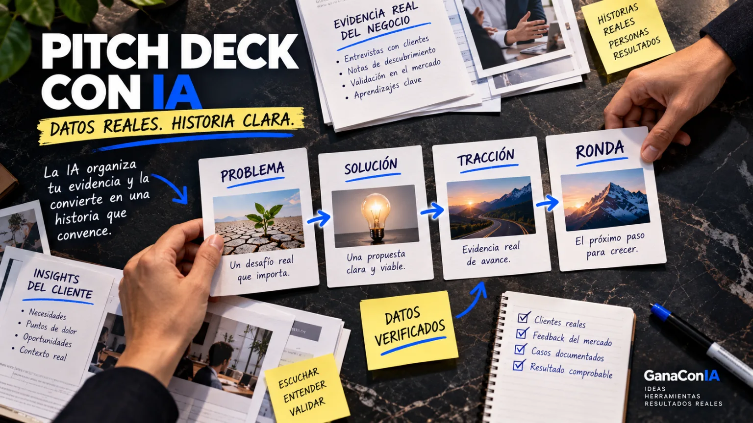 Manos organizando un pitch deck con IA a partir de datos verificados