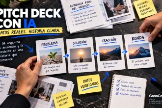 Manos organizando un pitch deck con IA a partir de datos verificados
