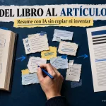 Libro abierto, notas verificadas y artículo final sobre cómo resumir un libro con IA