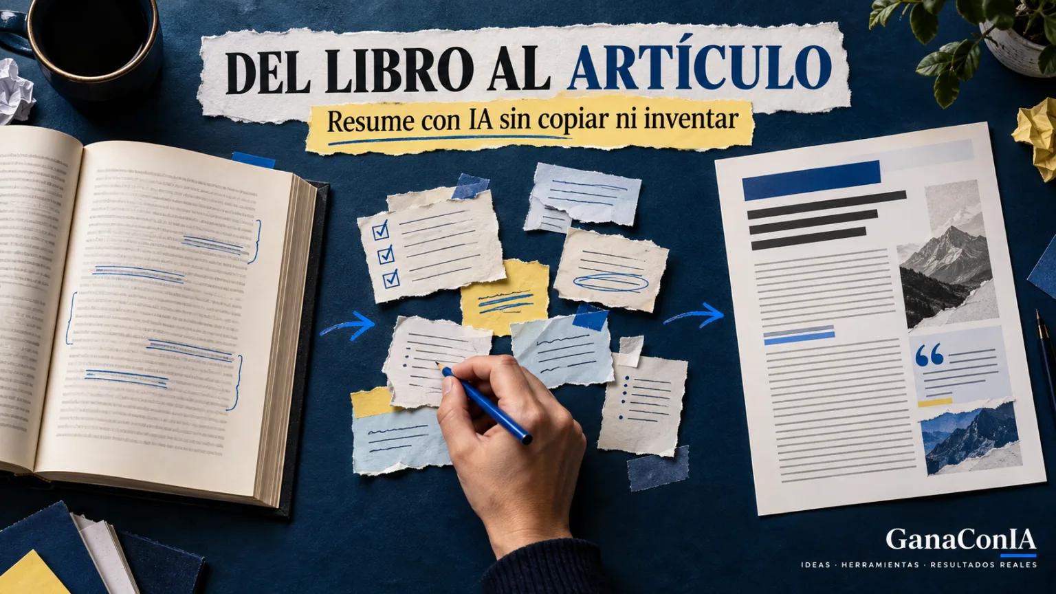 Libro abierto, notas verificadas y artículo final sobre cómo resumir un libro con IA
