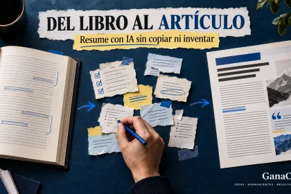 Libro abierto, notas verificadas y artículo final sobre cómo resumir un libro con IA