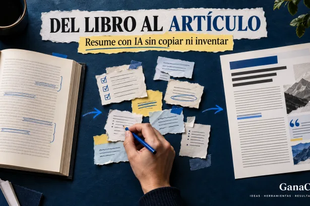 Libro abierto, notas verificadas y artículo final sobre cómo resumir un libro con IA