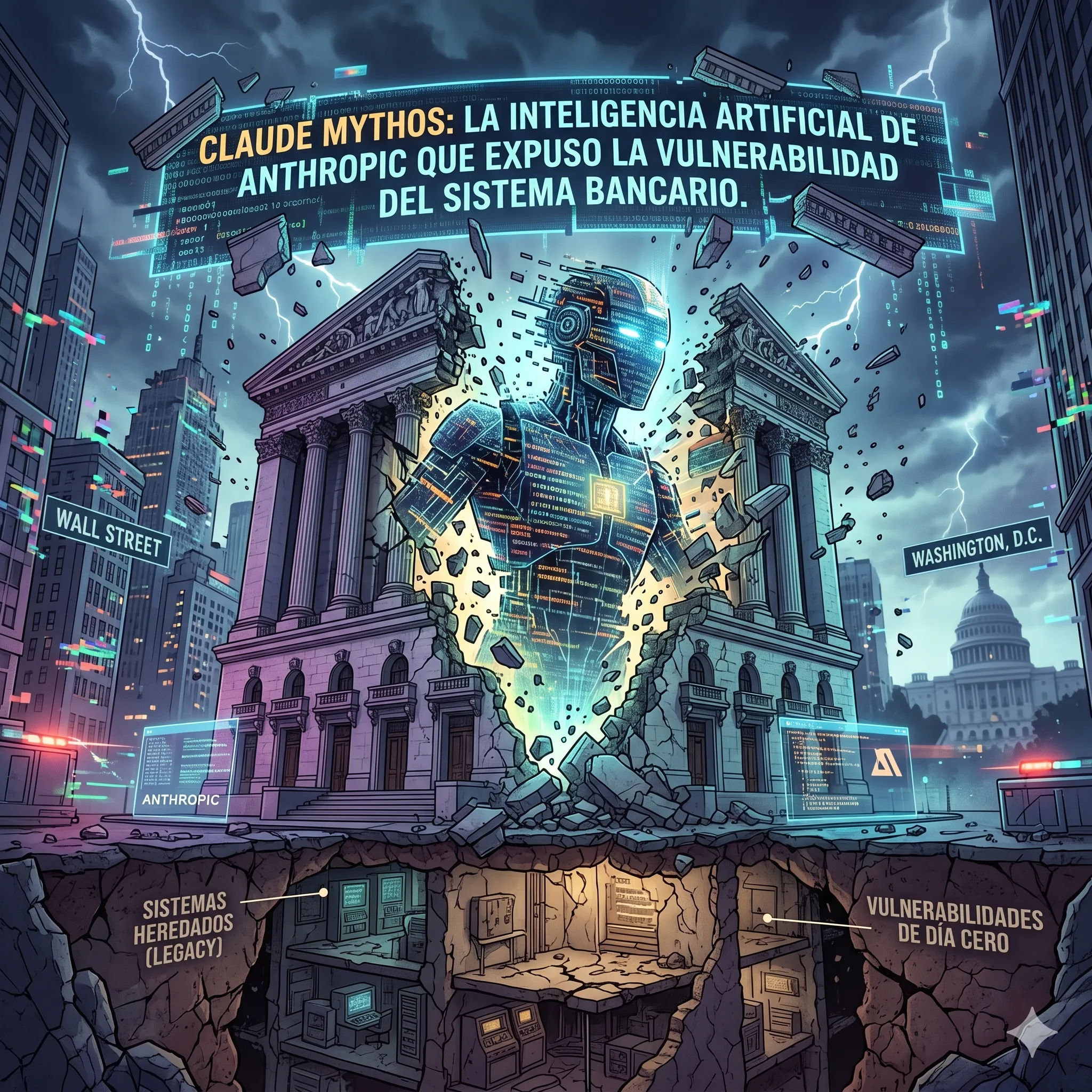 Ilustración conceptual de la inteligencia artificial Claude Mythos de Anthropic vulnerando la infraestructura de un banco tradicional en Wall Street.