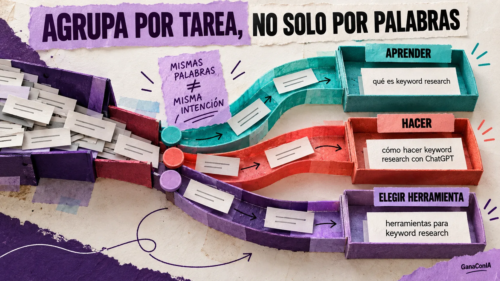 Consultas de keyword research agrupadas por las tareas aprender, hacer y elegir herramienta