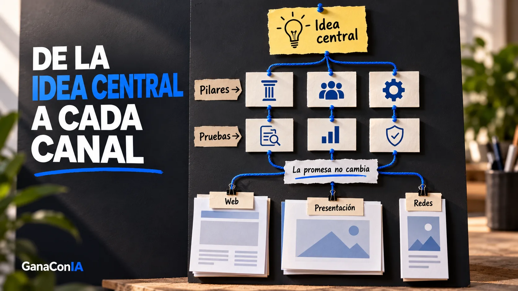 Arquitectura de mensajes que conecta idea central, pilares y pruebas con web, presentación y redes