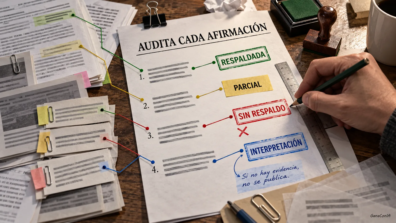 Auditoría de afirmaciones con estados respaldada, parcial, sin respaldo e interpretación