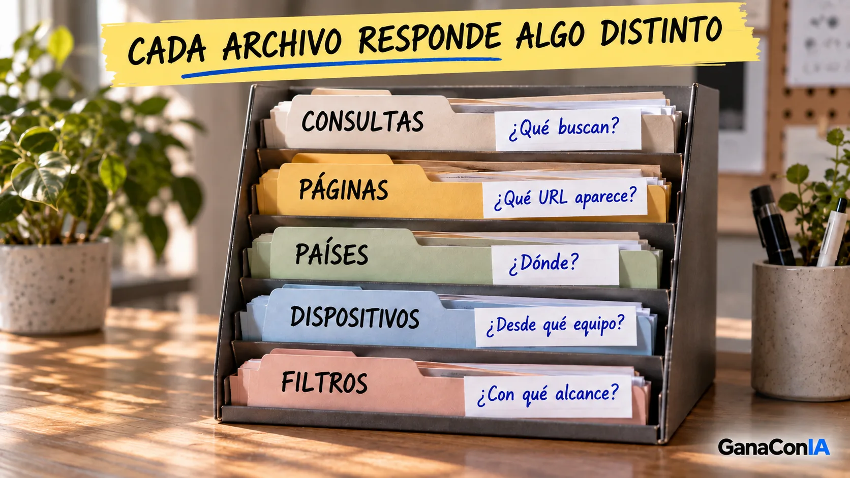 Archivador con consultas, páginas, países, dispositivos y filtros exportados desde Search Console