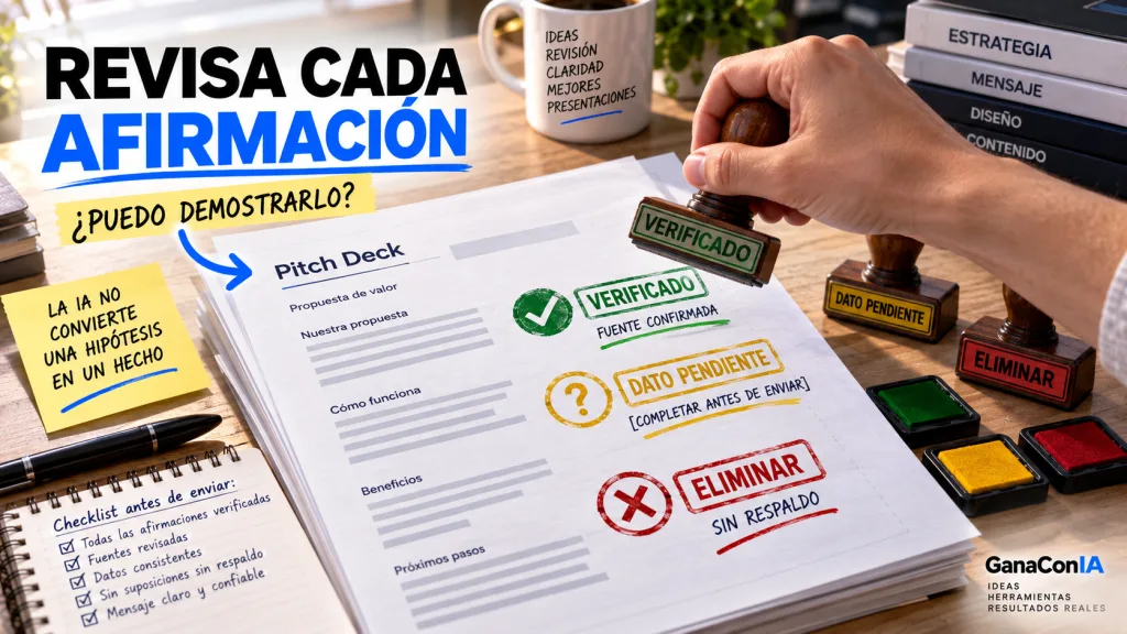 Control de afirmaciones verificadas, pendientes y sin respaldo en un pitch deck
