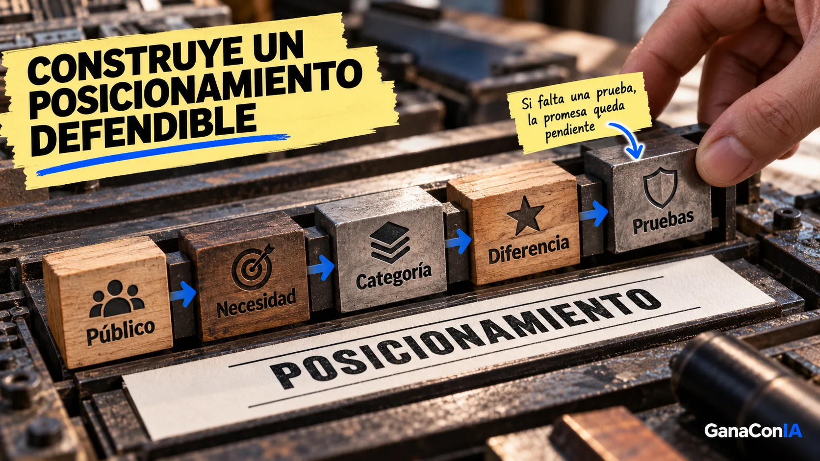 Cinco bloques de una imprenta representan público, necesidad, categoría, diferencia y pruebas