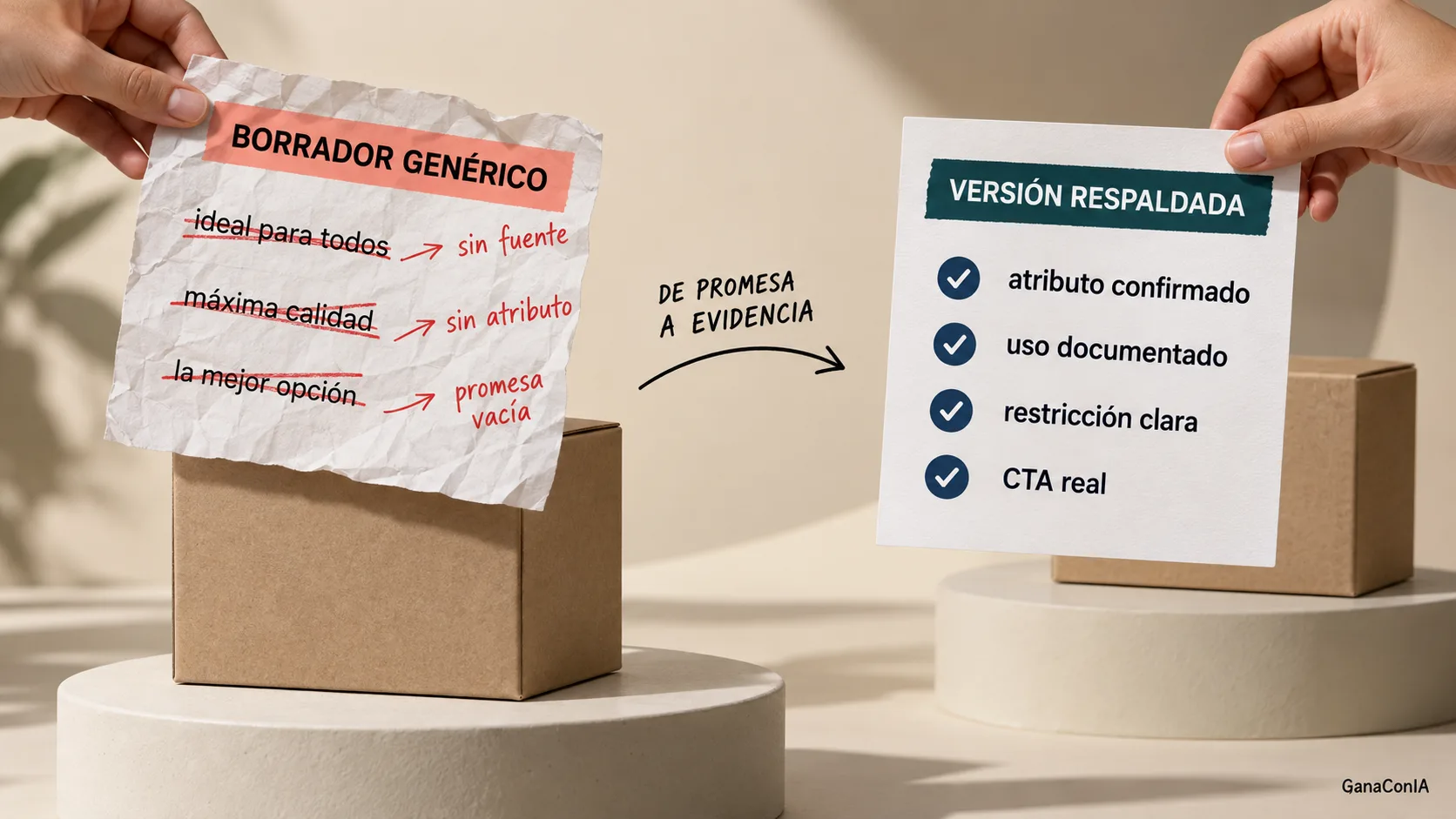 Comparación entre un borrador genérico de ecommerce y una versión respaldada por atributos verificables