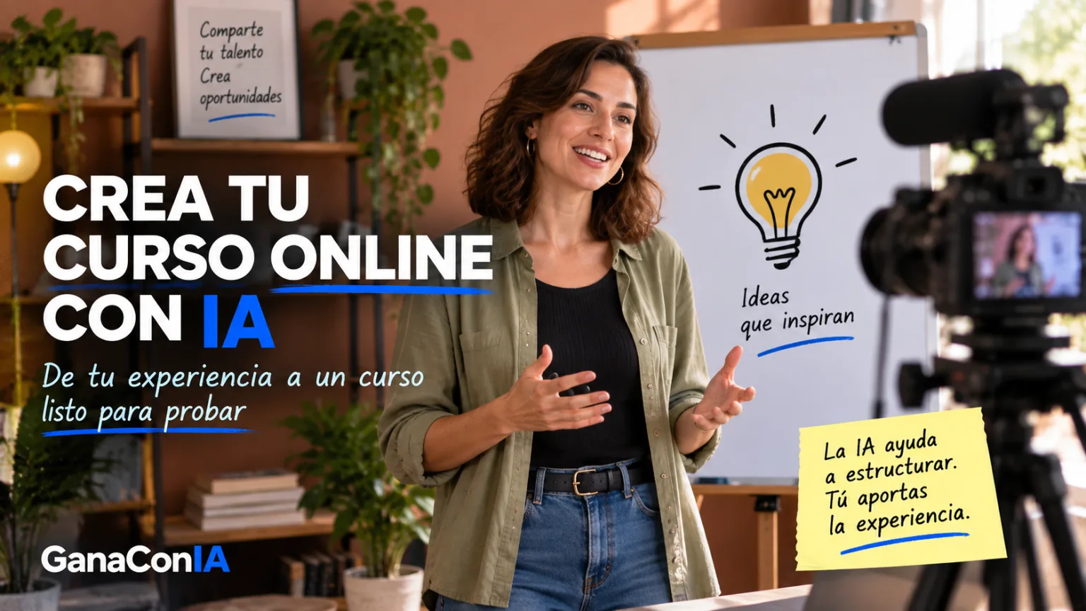 Creadora grabando una lección para un curso online con ayuda de inteligencia artificial