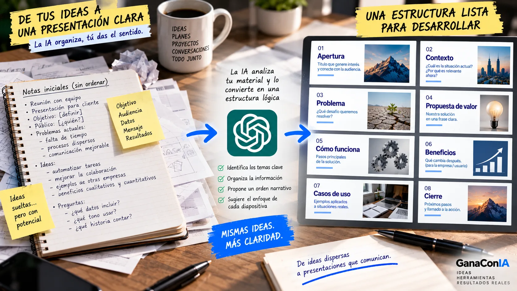 Ejemplo de cómo convertir ideas y apuntes en una estructura clara de presentación con IA