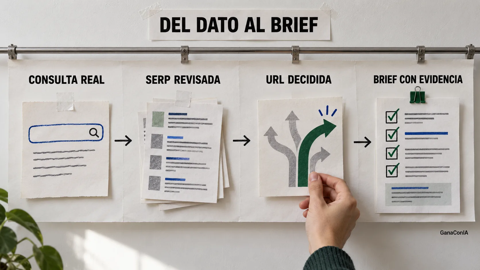 Proceso desde una consulta real y la revisión de la SERP hasta una URL decidida y un brief con evidencia