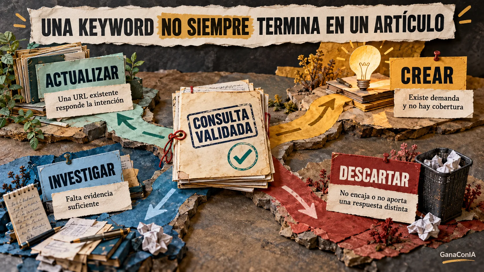 Cuatro decisiones editoriales para una consulta validada: actualizar, crear, investigar o descartar