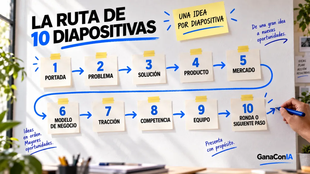 Ruta de 10 diapositivas para estructurar un pitch deck para inversores