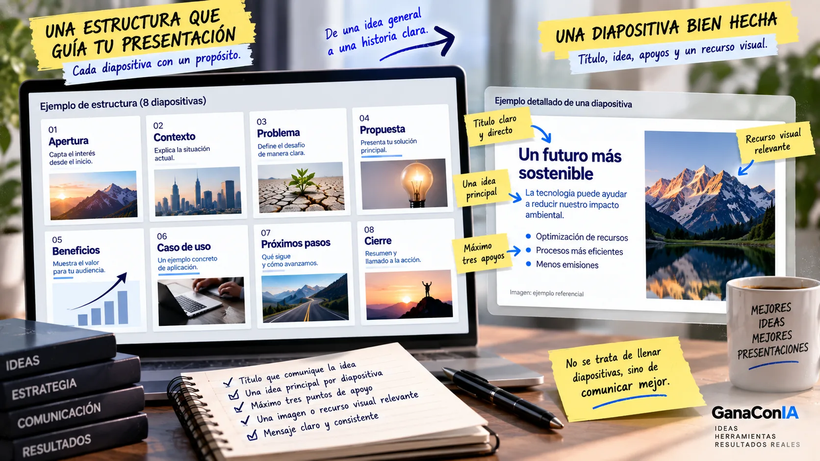 Ejemplo de estructura de ocho diapositivas y elementos de una diapositiva clara creada con IA