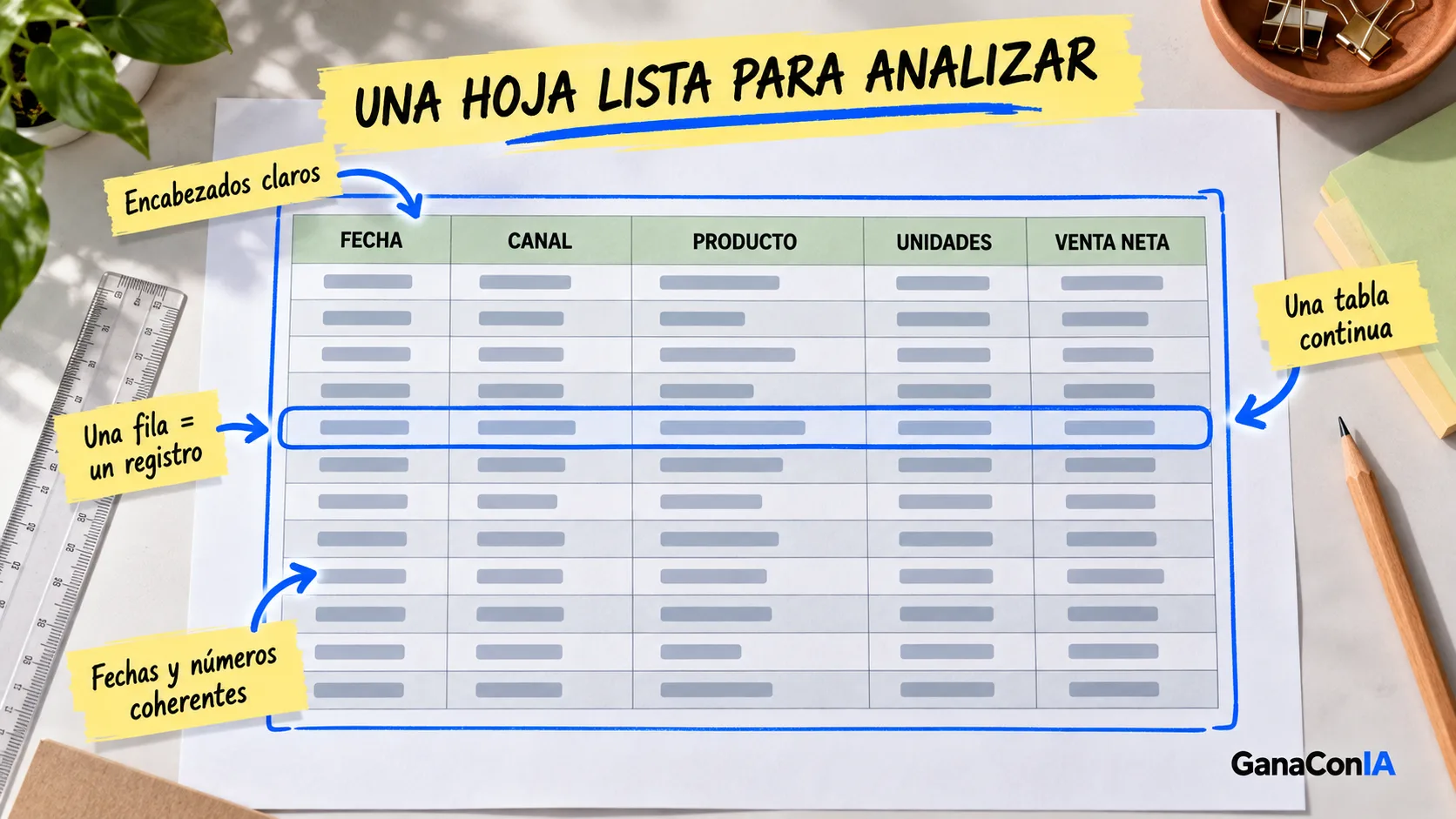 Anatomía de una hoja de Excel preparada para analizar con encabezados claros y registros por fila