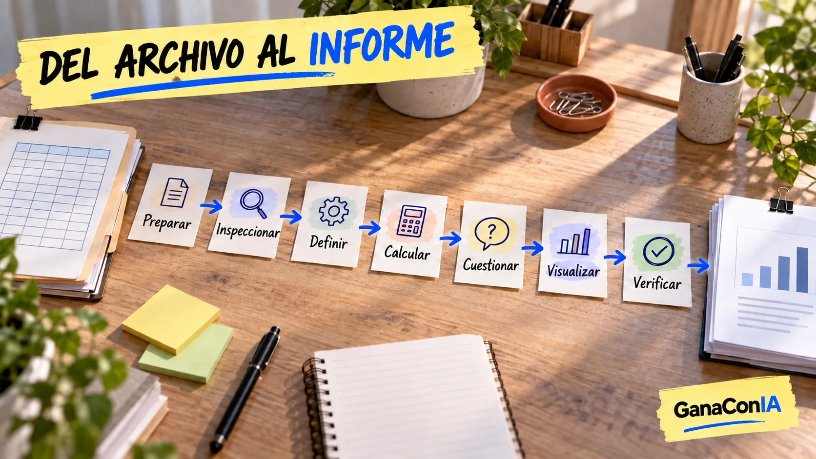 Proceso de siete pasos desde preparar un archivo Excel hasta verificar el informe