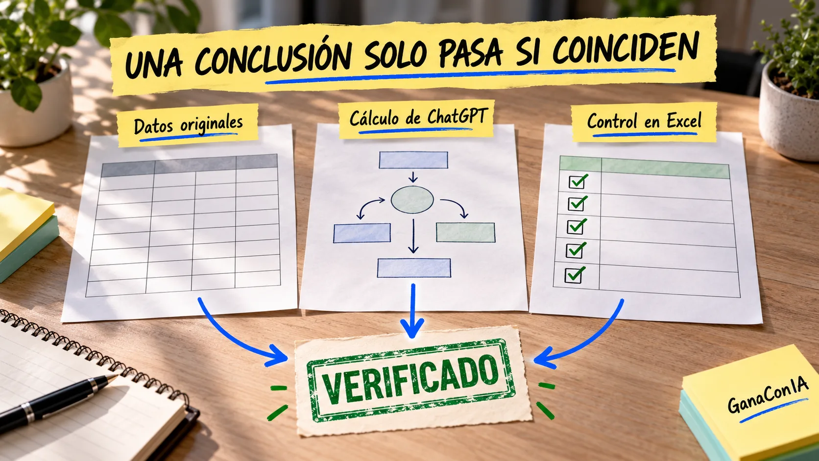 Verificación de una conclusión comparando datos originales, cálculo de ChatGPT y control en Excel