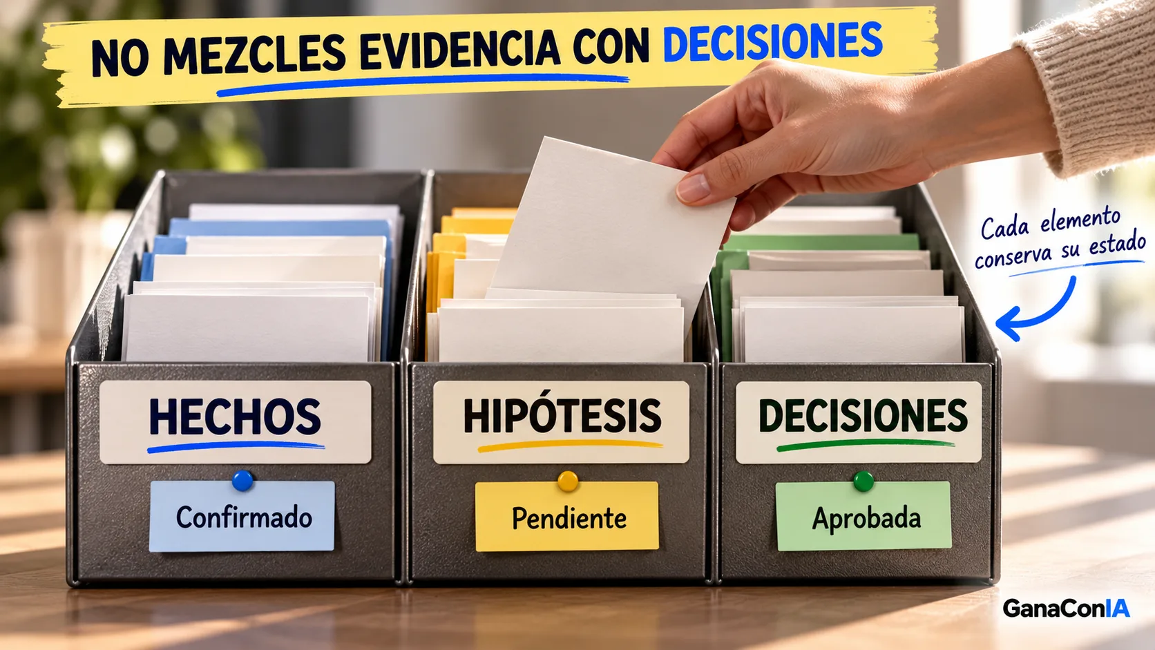 Clasificador que separa hechos confirmados, hipótesis pendientes y decisiones aprobadas