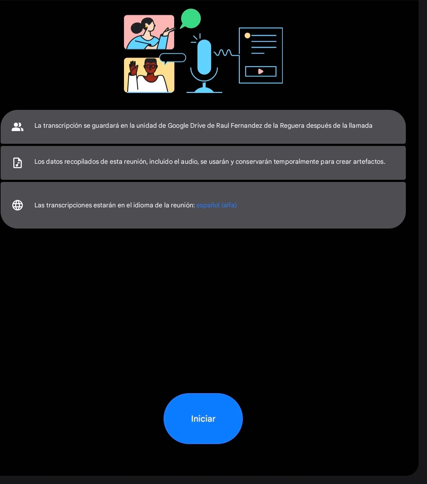 Opción para iniciar una transcripción en Google Meet