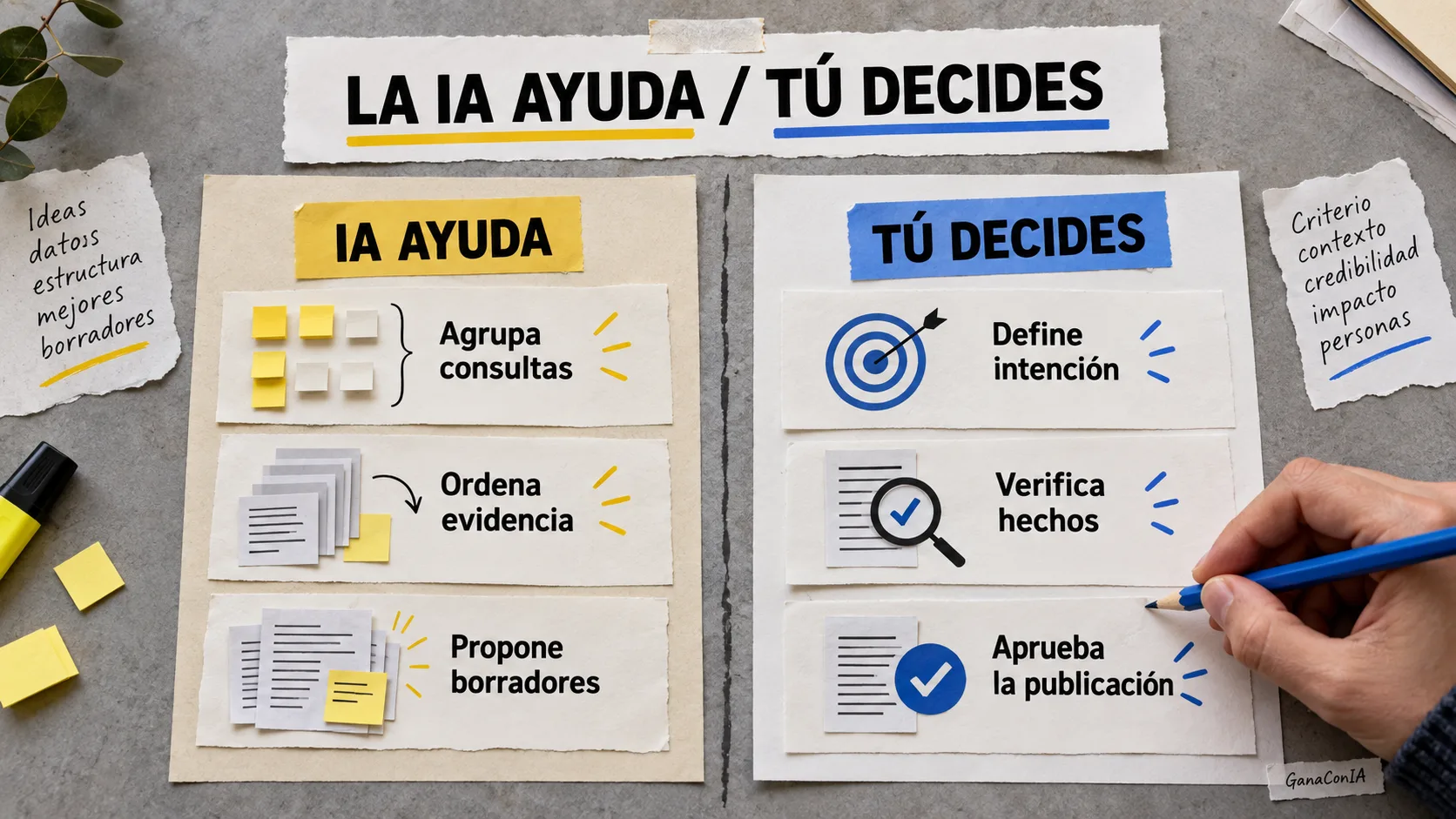 Comparación de tareas que puede asistir la IA y decisiones que debe tomar una persona