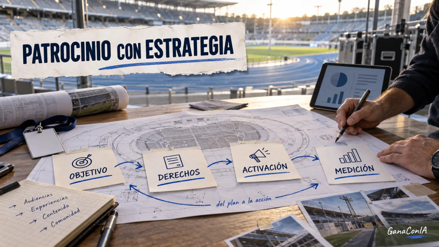Planificación de una estrategia de patrocinio deportivo con objetivo, derechos, activación y medición.
