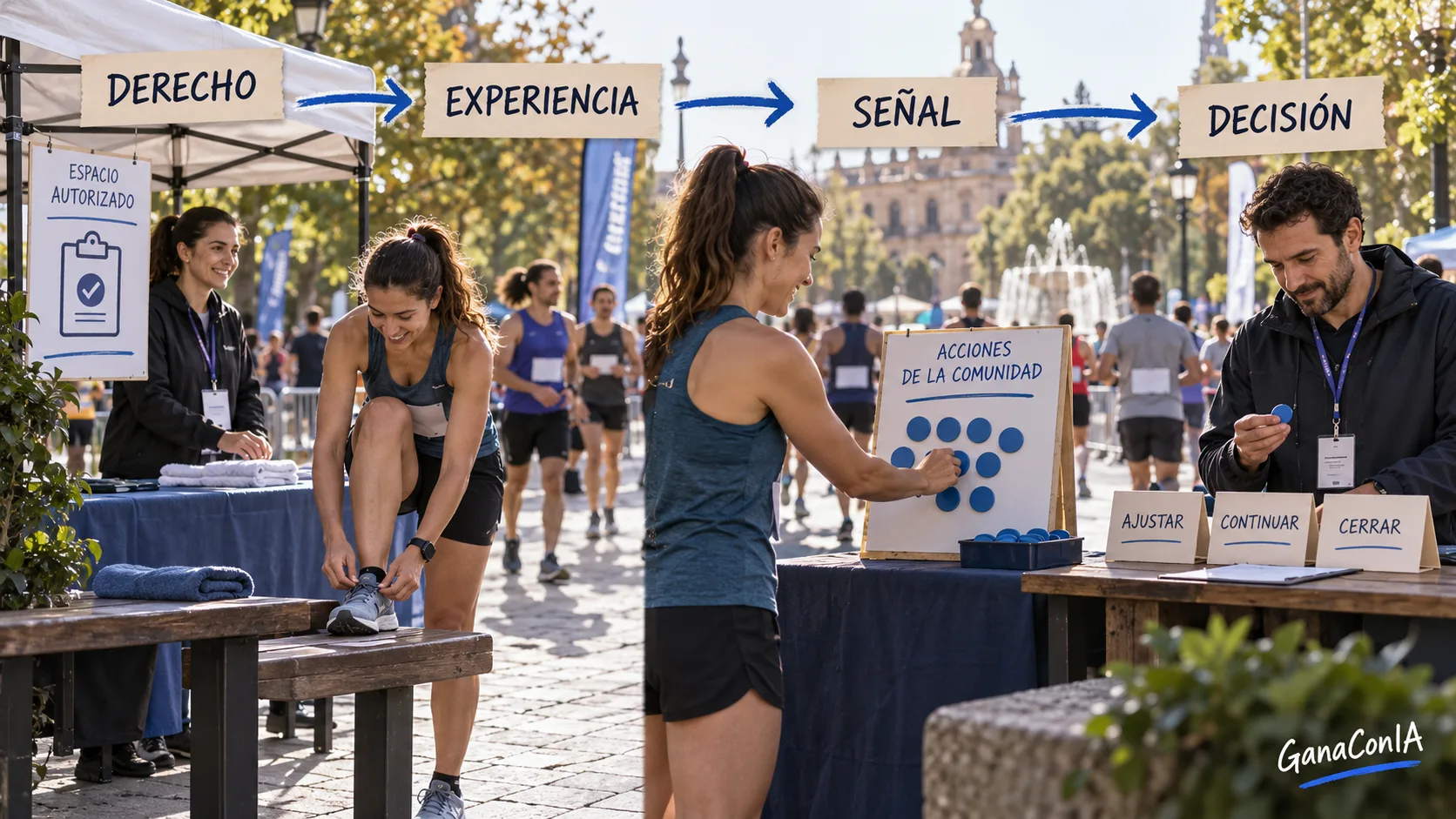 Secuencia de patrocinio que conecta un derecho autorizado, una experiencia, una señal observable y una decisión humana.