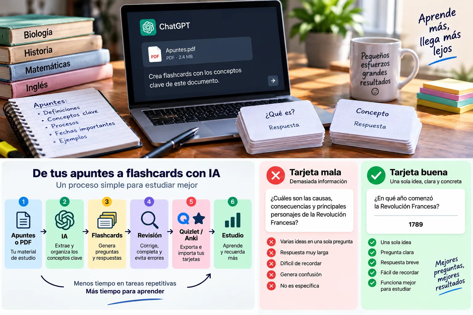 Proceso para crear flashcards con IA y comparación entre una tarjeta mala y una buena