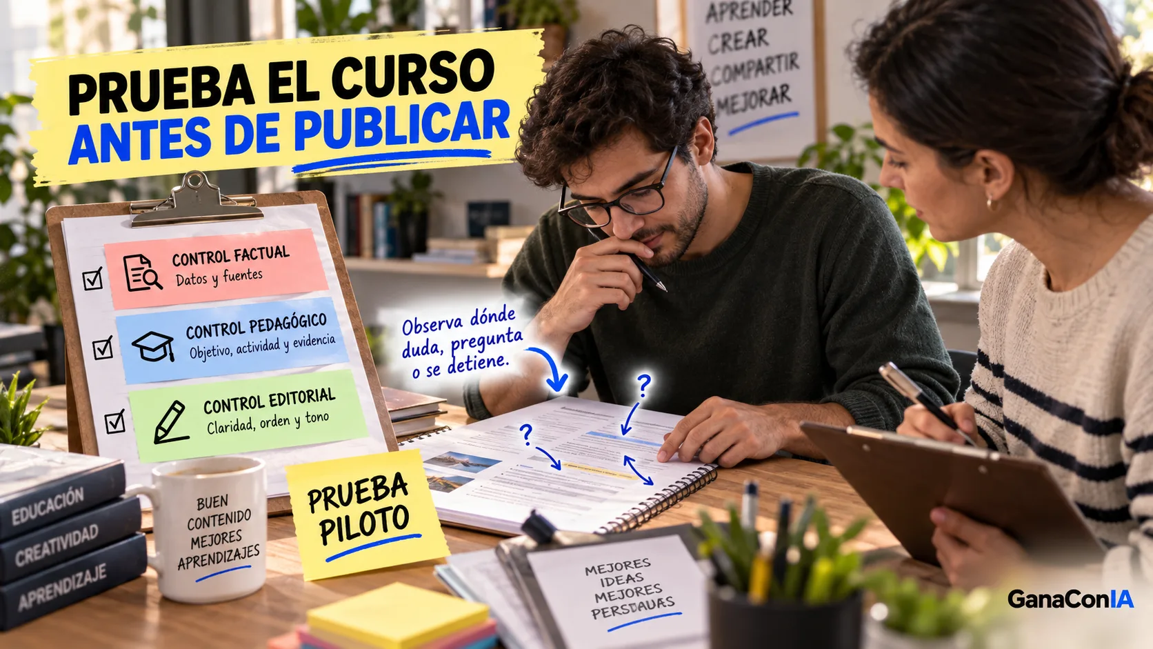 Estudiante probando una lección mientras se revisan el contenido factual, pedagógico y editorial