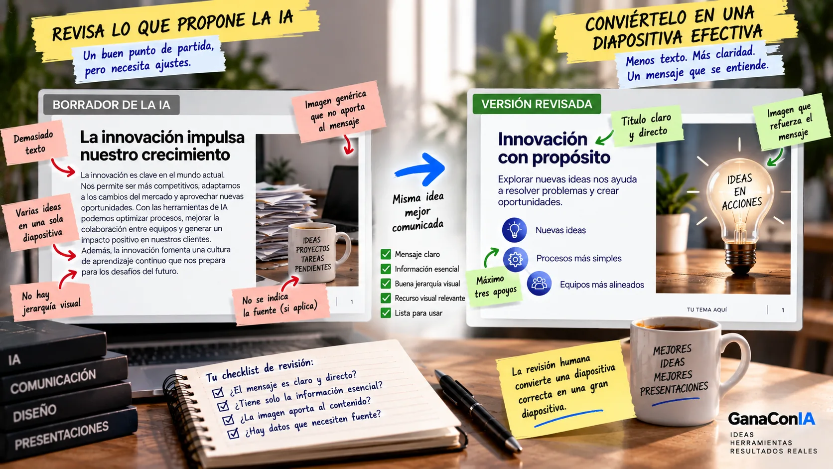 Comparación entre un borrador de presentación generado por IA y una versión revisada con menos texto y más claridad