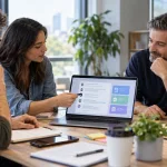 Reunión de trabajo utilizando inteligencia artificial para transcribir y resumir la conversación