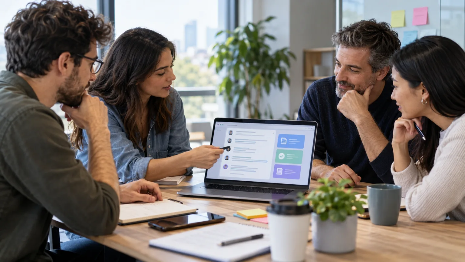 Reunión de trabajo utilizando inteligencia artificial para transcribir y resumir la conversación