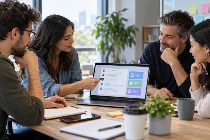 Reunión de trabajo utilizando inteligencia artificial para transcribir y resumir la conversación