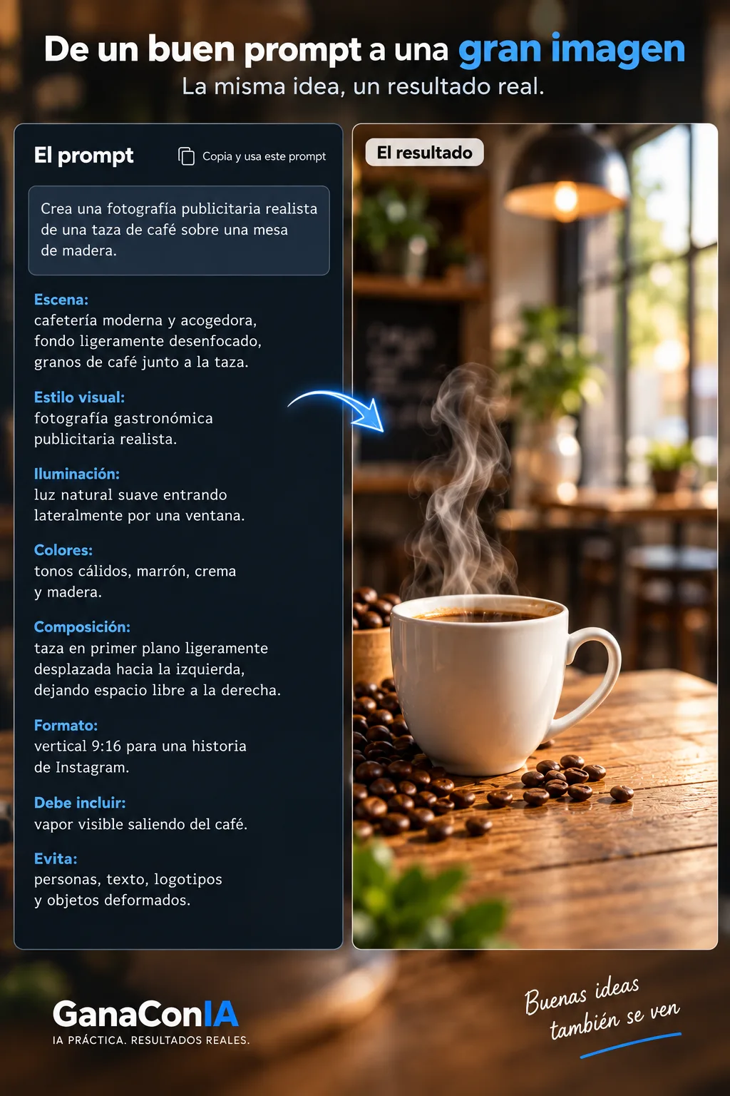 Ejemplo de prompt para crear una imagen de una taza de café con IA