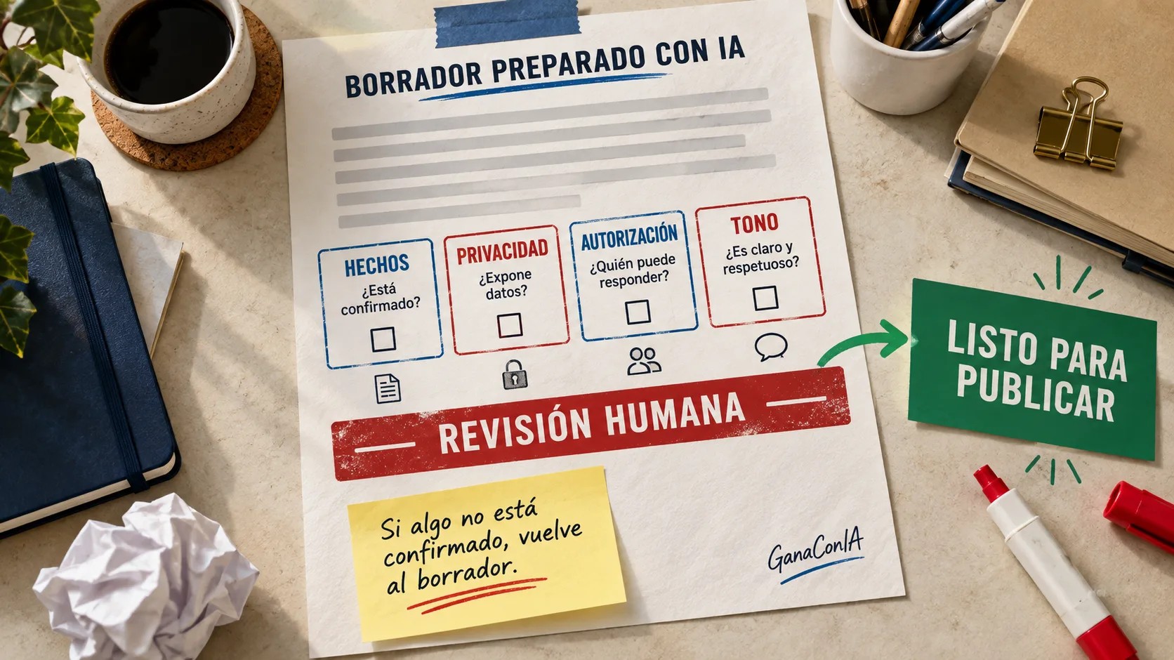 Control humano de hechos, privacidad, autorización y tono antes de publicar una respuesta preparada con IA